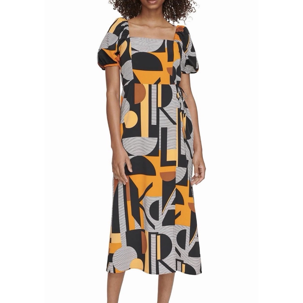 Karl Lagerfeld Paris Geometric Faux-Wrap Midaxi Dress Orange Black Size 4